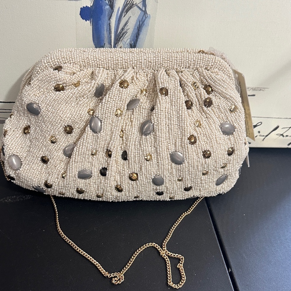 From India to you cream beaded crossbody and clutch bag